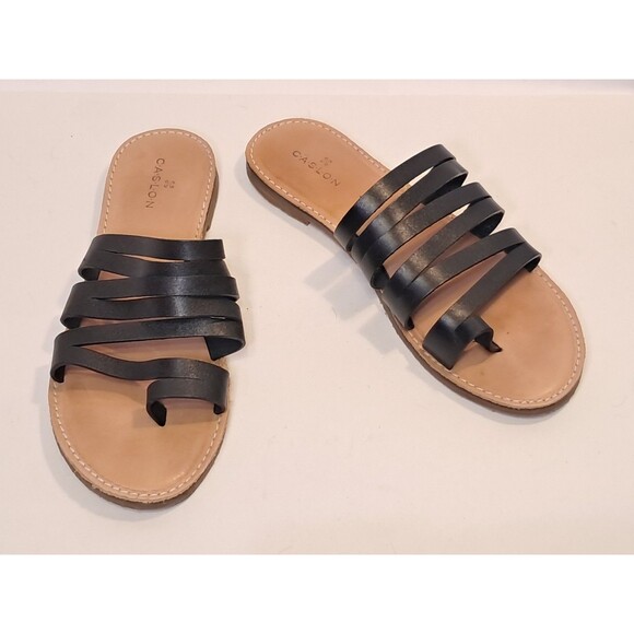 Caslon Leather Flat Strappy Sandals Toe Ring Slip On Rubber Sole Size 8M Black - Picture 1 of 11